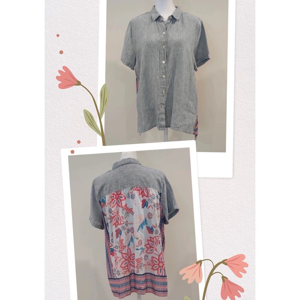 J. Jill Womens L Petite Whimsical Linen Boho Shirt Blue Striped Floral Beach